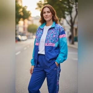 Champion MTV Windbreaker Tracksuit Set Blue Pink Retro Style Large